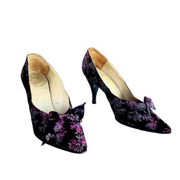 Authentic Pin Up Heels 6N, 1950s Spanish Handmade Silk Brocade Pumps, 6 - 6.5 N - Picture 6 of 11
